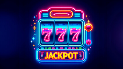 Neon gaming slot machine 777. Design lettering Jackpot.
