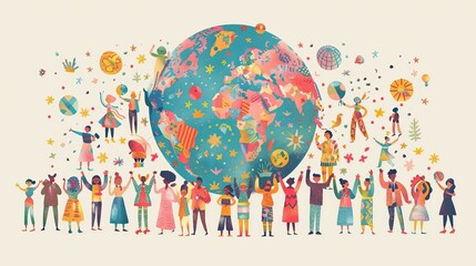 People holding the planet earth illustration, multi cultural diversity among world population  - obrazy, fototapety, plakaty