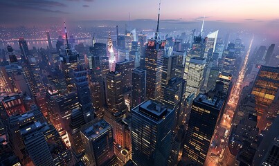Capture the bustling cityscape below in a bold, photorealistic digital rendering of an aerial view Metropolitan Life at dusk Overlooking skyscrapers aglow with city lights, showcasing the vibrant ener - obrazy, fototapety, plakaty