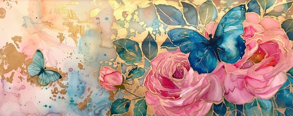 watercolor, pink, metallic gold, alcohol ink, roses, and butterflies