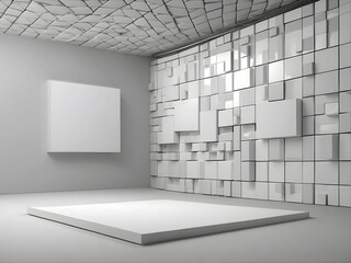 3D exhibition wall. White blank promotion design. White empty geometric square. Presentation event room display. Blank wall design.