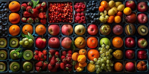 A vibrant assortment of fruits in a boxes healthy food concept