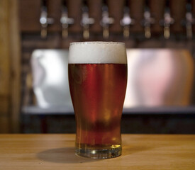 A glass of cold beer in the bar counter.
