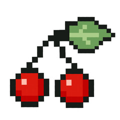 Obraz premium Pixeled cherry. Summer vacation icons set in pixel art design isolated on white background, 80s-90s, digital vintage game style.