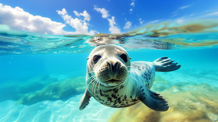 A cute baby spotted seal swimming in crystal clear water - Powered by Adobe