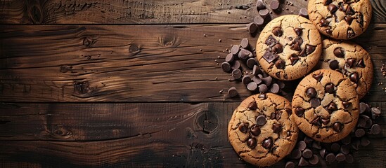 An arrangement of cookies featuring chocolate chips on a wooden table, with room for text.