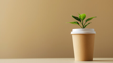 A paper coffee cup with a plant inside. The concept of sustainable use of waste, the possibility of recycling and  of turning waste into a living environment for plants. 