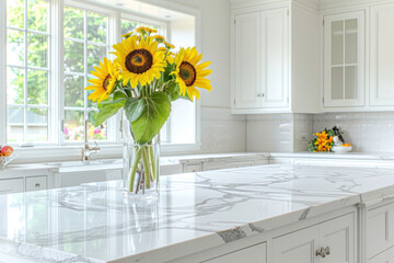 beautiful white kitchen with marble countertop and sunflower in a vase on the counter