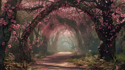A path through a forest of cherry blossom trees.

