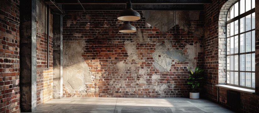 Brick concrete room with high-quality image resolution and an overhead light fixture
