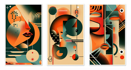 Set of three posters with vintage geometric design, different shapes and lines, orange and green color palette, style of retro abstract art