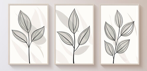Set of three botanical  framed art posters. Minimalistic hand drawn illustrations. Design for poster, print, cover, placard, brochure