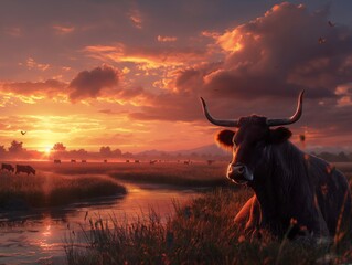 A cow is laying in a field with a sunset in the background. The cow is surrounded by other cows, and the sky is filled with clouds - obrazy, fototapety, plakaty