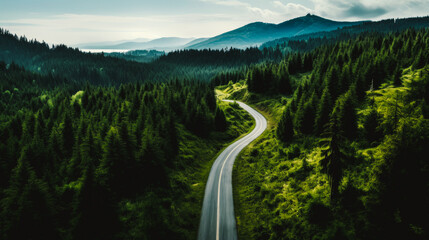 Automobile road among the forest, sea and rocks. Beautiful landscape, picture, phone screensaver, copy space, advertising, travel agency, tourism, solitude with nature, without people - obrazy, fototapety, plakaty