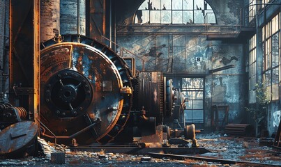 Capture the essence of a low-angle view of an abandoned factory with rusted machinery and broken windows, accentuating the eerie atmosphere Use traditional medium to evoke a sense of nostalgia and dec - obrazy, fototapety, plakaty