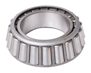 Shiny metal single row round roller bearing designed to absorb radial and one-sided axial loads of the vehicle. Sale of spare parts or repair in a workshop or car service.