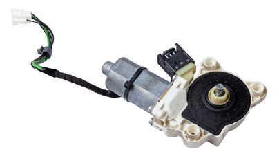 Electric window mechanism motor for a car on a white isolated background. Automotive spare parts catalog.