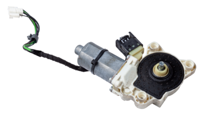 Electric window mechanism motor for a car on a white isolated background. Automotive spare parts catalog.