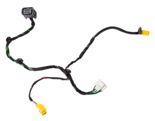 A cable of matted wires of different colors with connectors in the electrical wiring of the car. Internet line in the work of the provider.