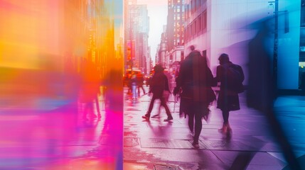 Crowd of anonymous people walking on busy city street in neon colour. Defocused. Blurred. Generative AI.