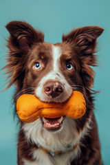 Cheerful dog with rubber pet toy in mouth on color background with copy space. Banner template of pet products store.