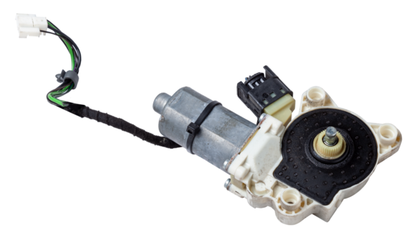 Electric window mechanism motor for a car on a white isolated background. Automotive spare parts catalog.