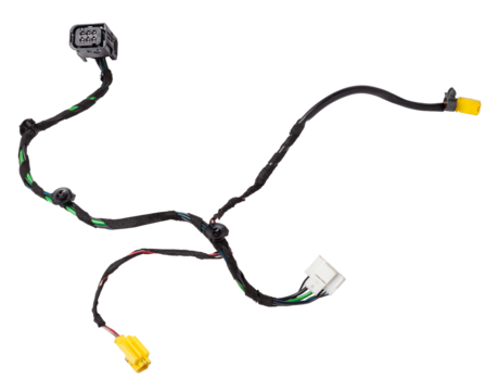 A cable of matted wires of different colors with connectors in the electrical wiring of the car. Internet line in the work of the provider.