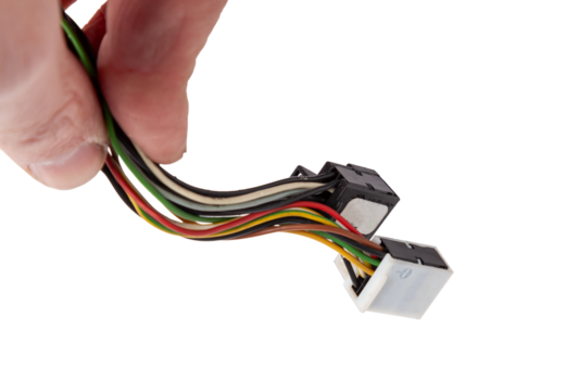 A cable of matted wires of different colors with connectors in the electrical wiring of the car. Internet line in the work of the provider.