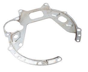 A metal gasket between the engine and a metal gearbox to seal the joint in a car during repairs. Catalog of spare parts for vehicles.
