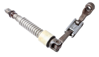 The spare part of the car is a metal steering propeller shaft with hinges on a white background...