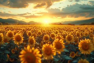 Breathtaking sunset with sunflower field.