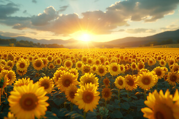 Fototapeta premium Breathtaking Sunset with Sunflower Field.