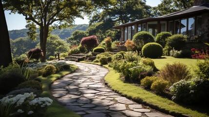 Pristine grass border along a curving garden path, leading the eye through a lush green landscape