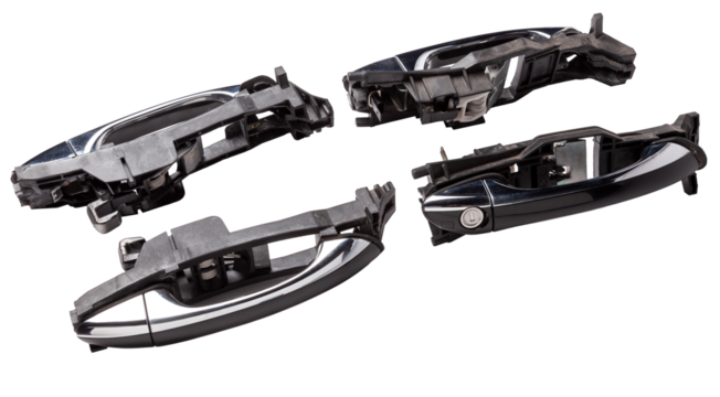 Spare part and body element outer handle of opening a door from a car on a white isolated background. Auto service industry.