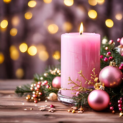 Obraz na płótnie Canvas christmas candle and decorations pink bannar of light candale ornaments branchis on snowy light pink