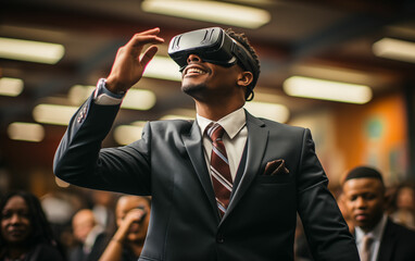 Man in suit and tie wearing virtual headset. Generative AI