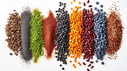 Colorful spices and legumes neatly aligned on a white surface showcasing variety in hues and textures.