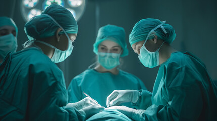 Team of focused surgeons in teal scrubs is performing a delicate operation under bright surgical lights. - Powered by Adobe