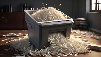  A photorealistic image depicting an office shredder filled with shredded paper, overflowing from the shredder's bin. The shredded paper is scattered around the shredder, giving a realistic sense of o