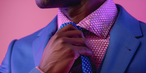 Male hand correcting tie on pink background with copy space. Banner template of men's business clothing store. - obrazy, fototapety, plakaty