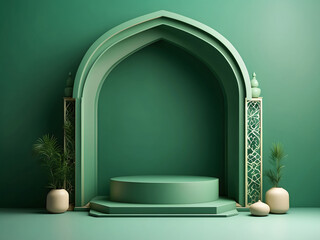 3D illustration of Islamic-themed product display background in minimal green design. Mosque portal frame with podium and space design.