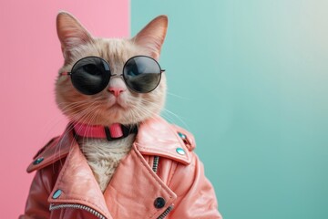 Stylish cat in sunglasses and a pink jacket posing against a two-tone background.