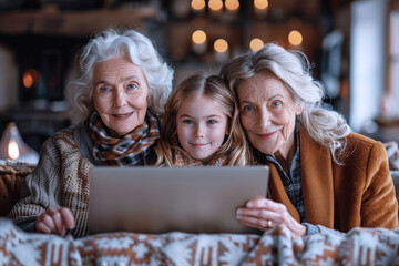 Grandmother and her blonde granddaughter looking at a computer smiling