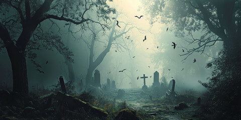 Haunted Cemetery with Flying Bats Foggy Night - obrazy, fototapety, plakaty