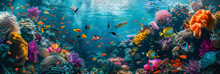 Colorful underwater scene in which group of fishes swimming in a coral reef, Closeup Illustration - obrazy, fototapety, plakaty