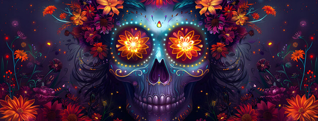An image depicting a sugar skull and other colorful decorations for the celebration of Dia de los Muertos, a Mexican tradition to honor and remember loved ones who have passed away.