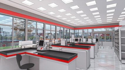 Supermarket interior mockup with cash registers, retail shelves and view of the city through the window. 3d illustration