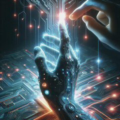 Electronic hands composed of glowing microchips and processors, illuminated by neon light - obrazy, fototapety, plakaty