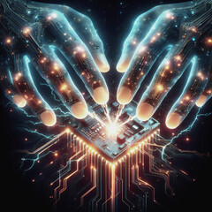 Electronic hands composed of glowing microchips and processors, illuminated by neon light - obrazy, fototapety, plakaty