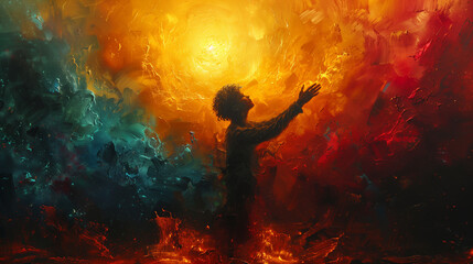 Artwork of a man raising hands in worship. Excited Young Man Raising Arms. Spiritual man with arms raised up concept